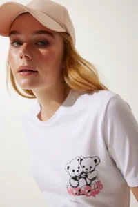 Happiness İstanbul Women White Teddy Bear Printed Knitting T-Shirt - Image 4