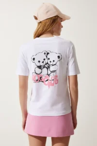 Happiness İstanbul Women White Teddy Bear Printed Knitting T-Shirt - Image 7