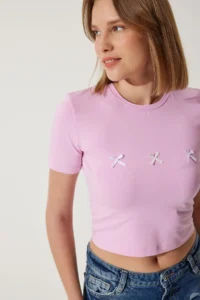 Happiness İstanbul Women Pink Bow Detailed Crop T-Shirt