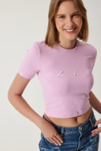 Happiness İstanbul Women Pink Bow Detailed Crop T-Shirt - Image 2