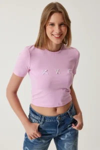 Happiness İstanbul Women Pink Bow Detailed Crop T-Shirt - Image 3