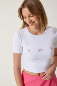 Happiness İstanbul Women White Bow Detailed Crop T-Shirt - Image 2