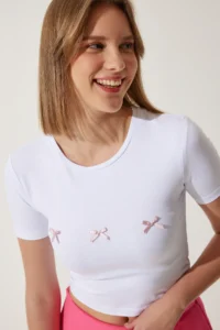 Happiness İstanbul Women White Bow Detailed Crop T-Shirt - Image 3