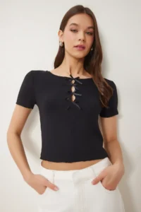 Happiness İstanbul Women Black with bow Knitting T-Shirt