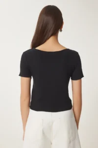 Happiness İstanbul Women Black with bow Knitting T-Shirt - Image 5