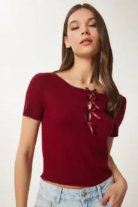 Happiness İstanbul Women Burgundy with bow Knitting T-Shirt