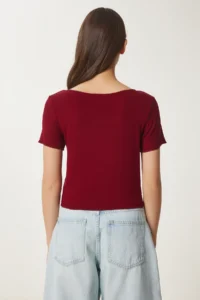 Happiness İstanbul Women Burgundy with bow Knitting T-Shirt - Image 4