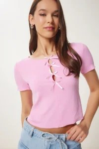 Happiness İstanbul Women Pink with bow Knitting T-Shirt - Image 2