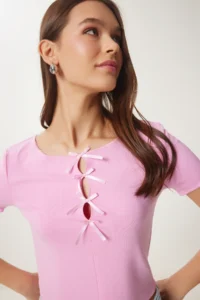 Happiness İstanbul Women Pink with bow Knitting T-Shirt - Image 3