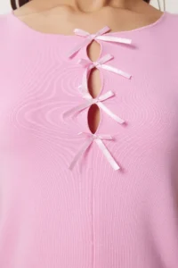 Happiness İstanbul Women Pink with bow Knitting T-Shirt - Image 4