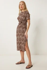 Happiness İstanbul Women's Brown Bone Patterned Summer Crinkle Knitted Dress