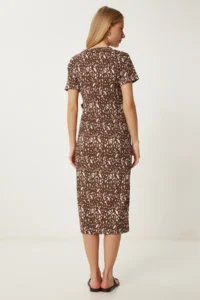 Happiness İstanbul Women's Brown Bone Patterned Summer Crinkle Knitted Dress - Image 5