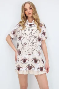 Trend Alaçatı Stili Women's Cream Crew Neck Digital Printed Side Slit Sweatshirt Mda-1106 - Image 3
