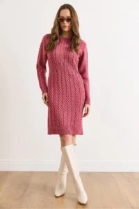 Olalook Women's Dusty Rose Banded Waist Slit Hair Knitted Mini Dress - Image 2