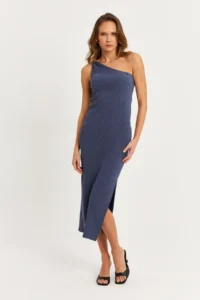 Cool & Sexy Women's Blue Shoulder Accessories Sleeveless Midi Dress - Image 2