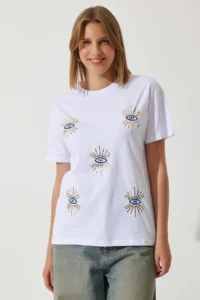 Happiness İstanbul Women's White Sequin Embroidered Oversize Cotton Knitted T-Shirt - Image 2