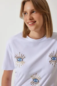 Happiness İstanbul Women's White Sequin Embroidered Oversize Cotton Knitted T-Shirt - Image 3
