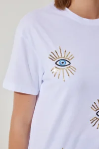 Happiness İstanbul Women's White Sequin Embroidered Oversize Cotton Knitted T-Shirt - Image 4
