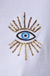 Happiness İstanbul Women's White Sequin Embroidered Oversize Cotton Knitted T-Shirt - Image 5