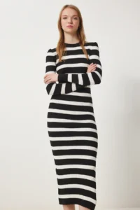 Happiness İstanbul Women's Black and White Crew Neck Striped Corduroy Knitwear Dress - Image 3
