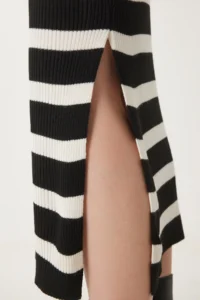 Happiness İstanbul Women's Black and White Crew Neck Striped Corduroy Knitwear Dress - Image 5