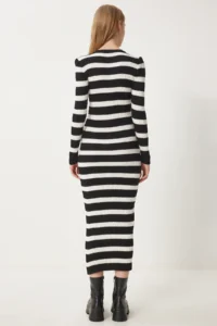 Happiness İstanbul Women's Black and White Crew Neck Striped Corduroy Knitwear Dress - Image 6