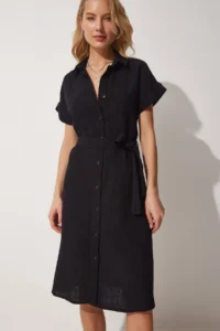 Happiness İstanbul Women Black Belted Linen Shirt Dress
