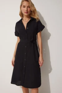 Happiness İstanbul Women Black Belted Linen Shirt Dress - Image 2