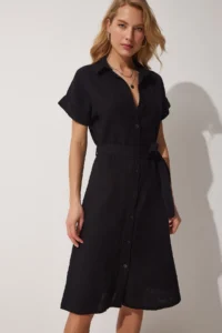 Happiness İstanbul Women Black Belted Linen Shirt Dress - Image 3