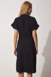 Happiness İstanbul Women Black Belted Linen Shirt Dress - Image 4