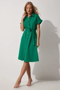 Happiness İstanbul Women Green Belted Linen Shirt Dress