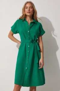 Happiness İstanbul Women Green Belted Linen Shirt Dress - Image 2