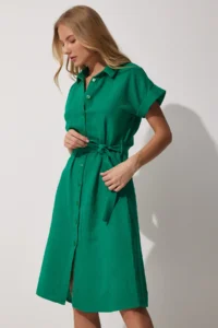 Happiness İstanbul Women Green Belted Linen Shirt Dress - Image 3