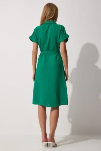 Happiness İstanbul Women Green Belted Linen Shirt Dress - Image 4