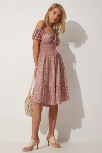 Happiness İstanbul Women's Brick Carmen Collar Floral Knitted Summer Dress - Image 2