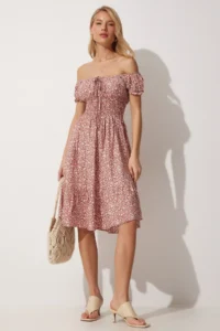 Happiness İstanbul Women's Brick Carmen Collar Floral Knitted Summer Dress - Image 3