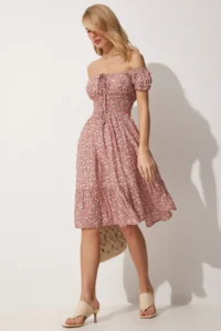 Happiness İstanbul Women's Brick Carmen Collar Floral Knitted Summer Dress - Image 4