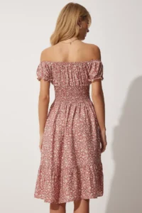 Happiness İstanbul Women's Brick Carmen Collar Floral Knitted Summer Dress - Image 5