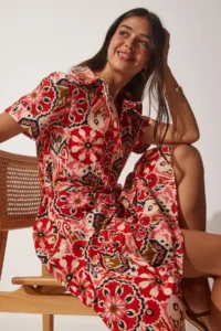 Happiness İstanbul Women's Brick Beige Patterned Summer Cotton Shirt Dress