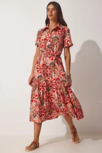 Happiness İstanbul Women's Brick Beige Patterned Summer Cotton Shirt Dress - Image 2