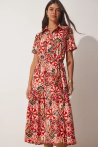 Happiness İstanbul Women's Brick Beige Patterned Summer Cotton Shirt Dress - Image 3