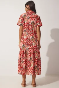 Happiness İstanbul Women's Brick Beige Patterned Summer Cotton Shirt Dress - Image 4
