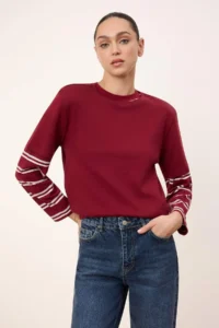 TRENDYOLMİLLA Wardrobe Essentials-Burgundy Regular/Normal Pattern padded Knitting T-Shirt - Image 2