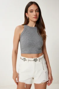 Happiness İstanbul Women's Anthracite Stone Detailed Halter Collar Knitted Undershirt - Image 2