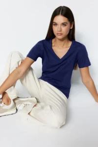 TRENDYOLMİLLA Navy Blue 100% Cotton Basic V-neck Knitting T-Shirt - Image 2