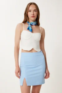 Happiness İstanbul Women Gök Blue slit Mini Weaving Skirt