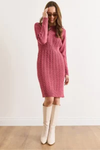 Olalook Women's Dusty Rose Banded Waist Slit Hair Knitted Mini Dress