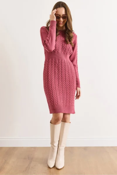 Olalook Women's Dusty Rose Banded Waist Slit Hair Knitted Mini Dress