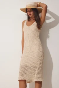 Happiness İstanbul Women's Cream Strap Openwork Summer Knitwear Dress