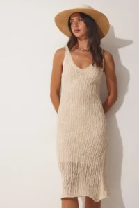 Happiness İstanbul Women's Cream Strap Openwork Summer Knitwear Dress - Image 2